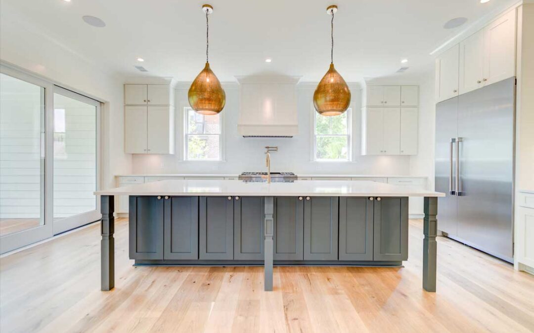 This expansive kitchen features a huge island with seating