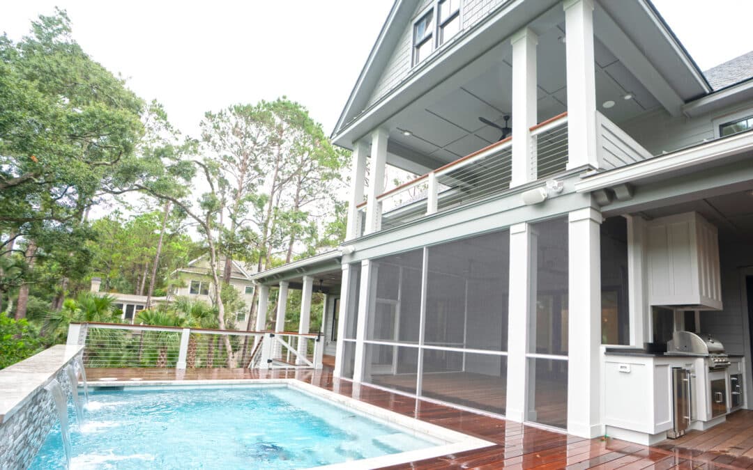 Kiawah Island, pool, waterfall, hardscaping, outdoor kitchen, screened porch